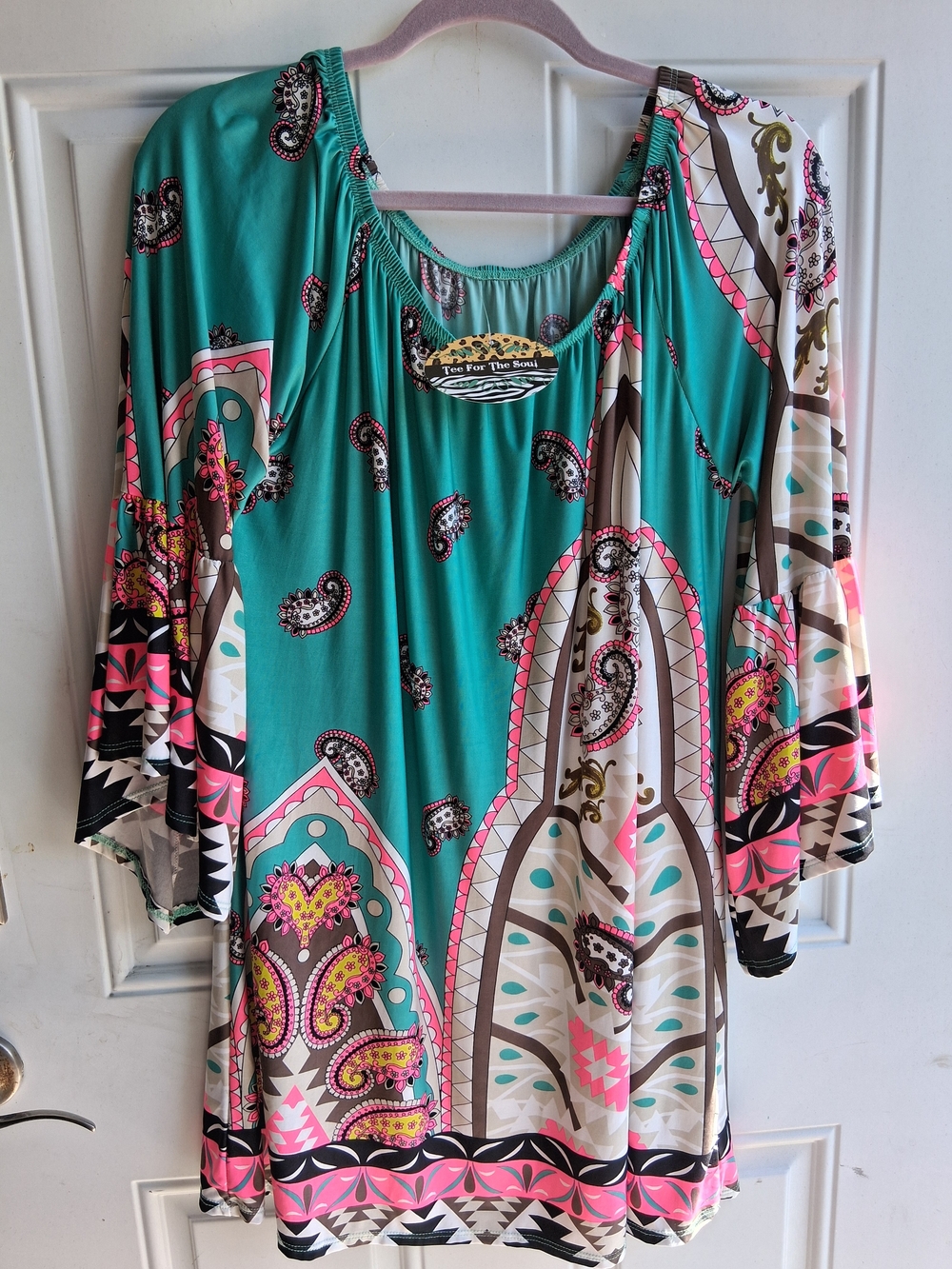 Teal Paisley-Print Scoop-Neck Tunic with Three-Quarter Sleeves